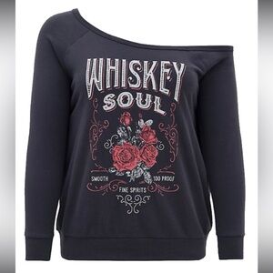 Torrid Plus Size 00 WHISKEY SOUL BLACK BURNOUT FLEECE OFF SHOULDER SWEATSHIRT